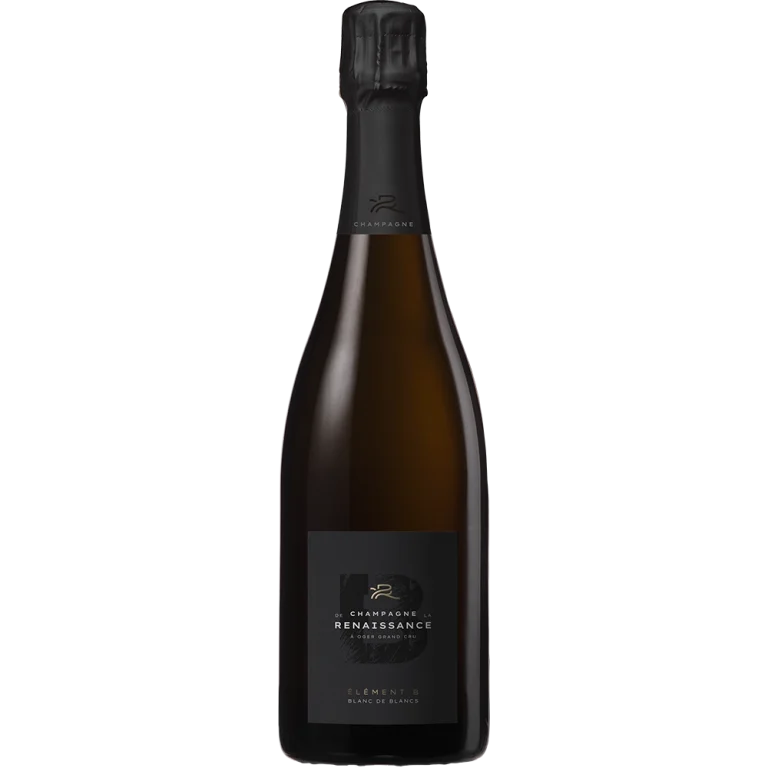 La bouteille noircie d’Élément B de Champagne de la Renaissance affiche son étiquette sobre, avec la mention Blanc de Blancs et Oger Grand Cru.