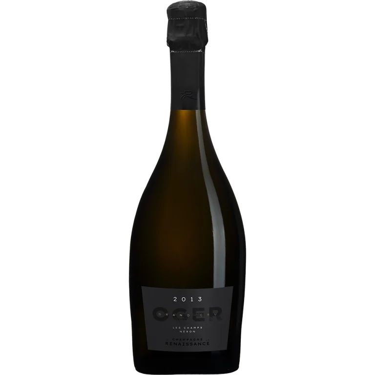 La cuvée Champagne de la Renaissance Millésime 2013 Les Champs Néron présente un flacon sombre, une étiquette noire et la mention Grand Cru.