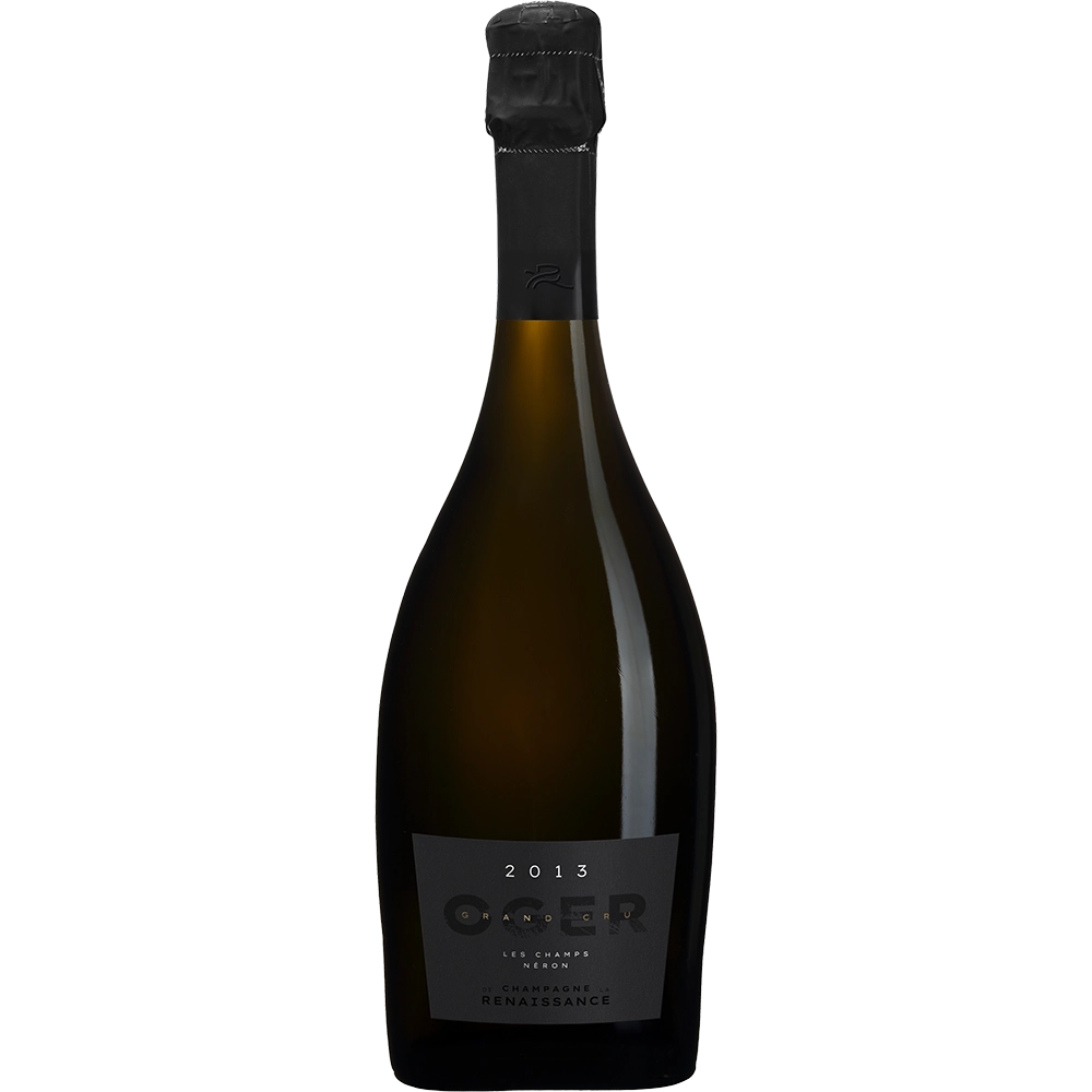 La cuvée Champagne de la Renaissance Millésime 2013 Les Champs Néron présente un flacon sombre, une étiquette noire et la mention Grand Cru.
