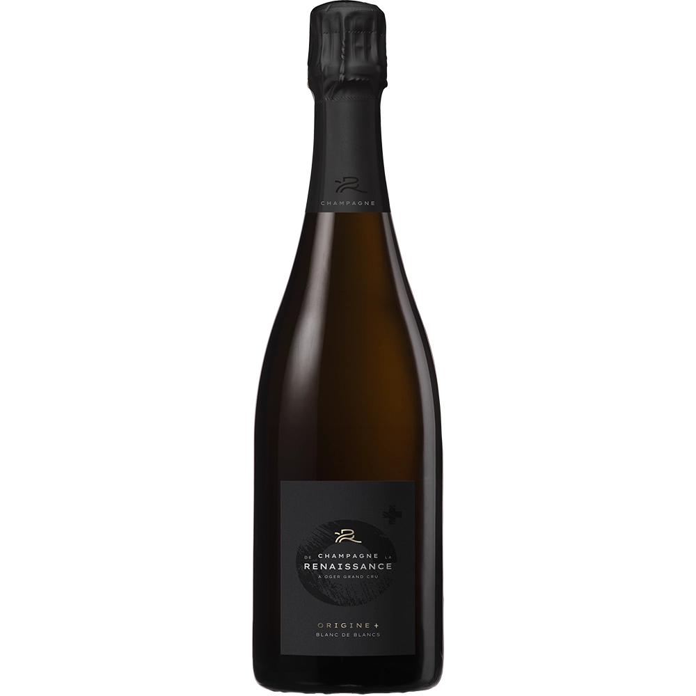 Bouteille noire de Champagne de la Renaissance Origine+ Blanc de Blancs, avec étiquette sombre et habillage élégant, issue d’un 100 % Chardonnay.